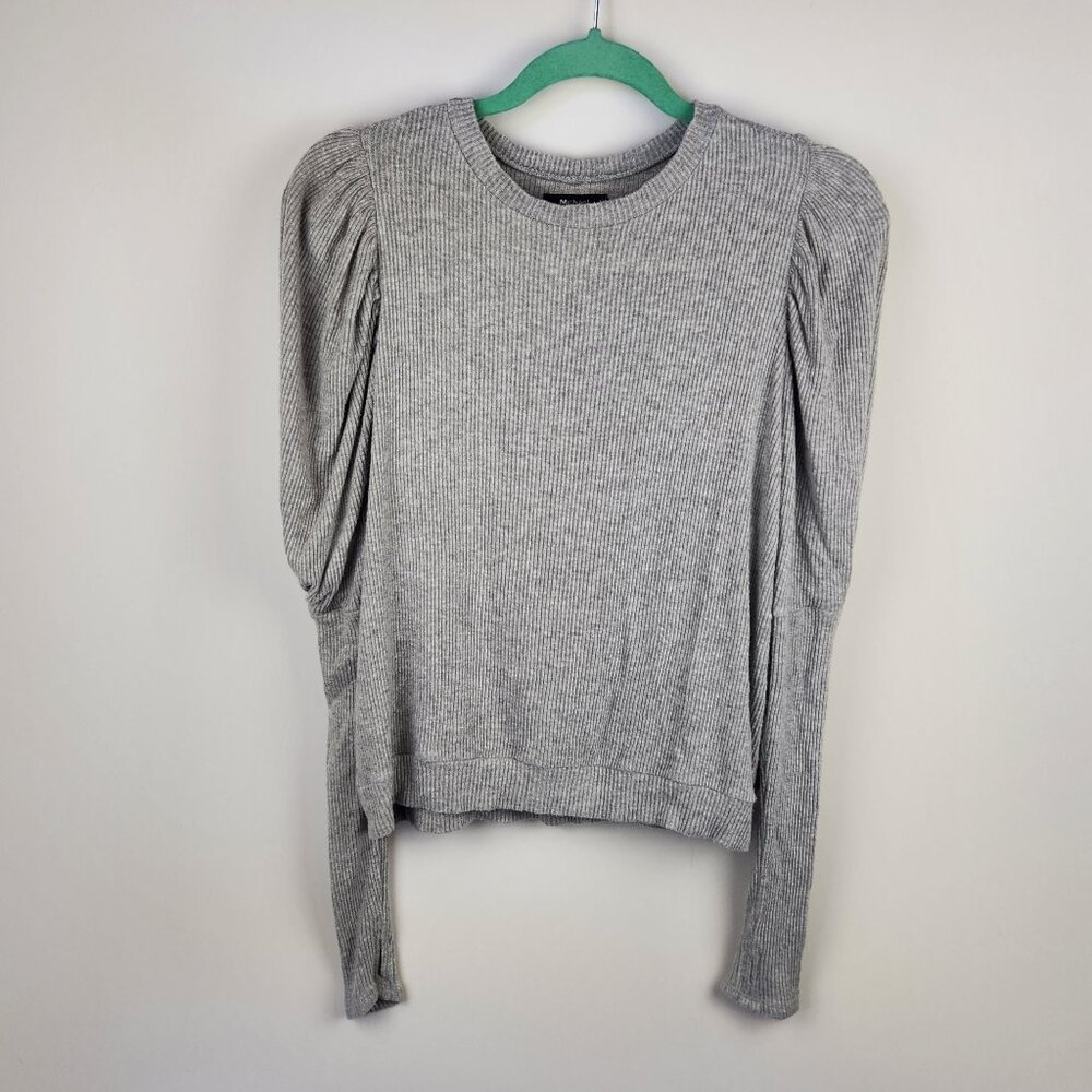 Michael Lauren Gray Olaf Puff Sleeve Ribbed Stretchy Lightweight Sweater sz S